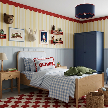 Wavy Cushion- Blue Stripes With Red Trim