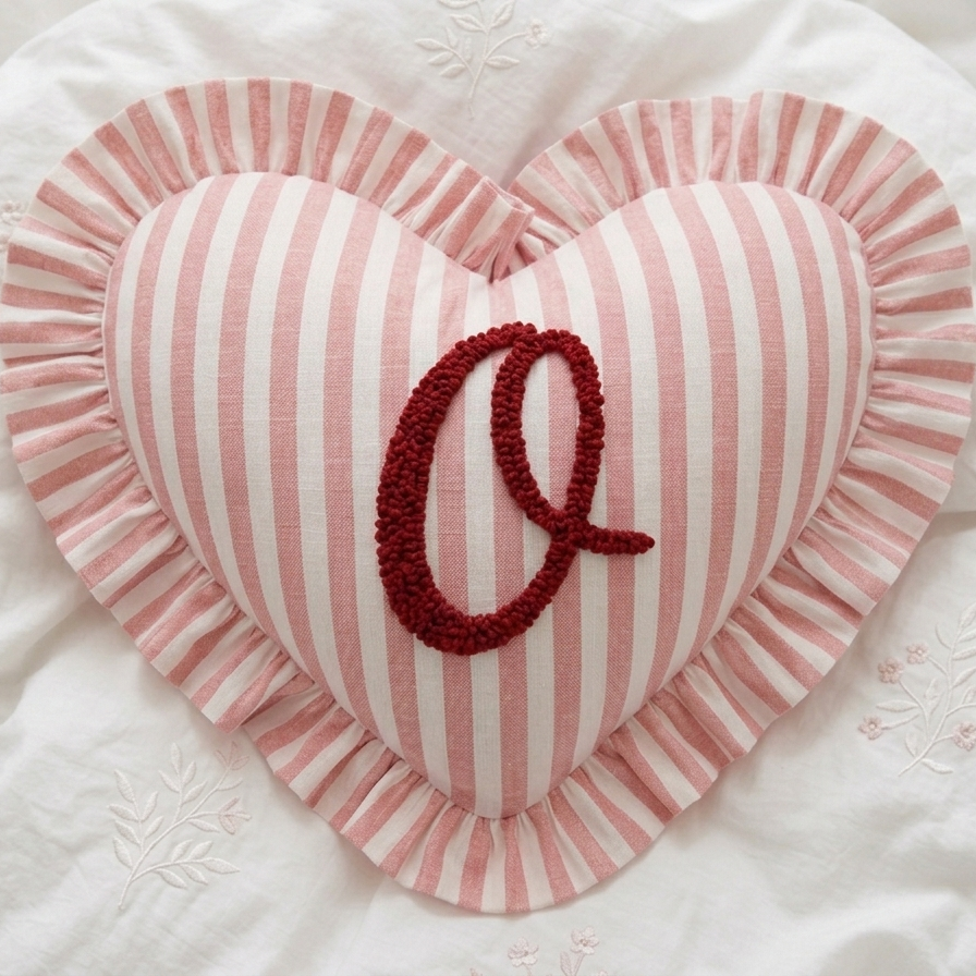 Heart-shaped Initial Cushion | Personalised Ruffled Pillow