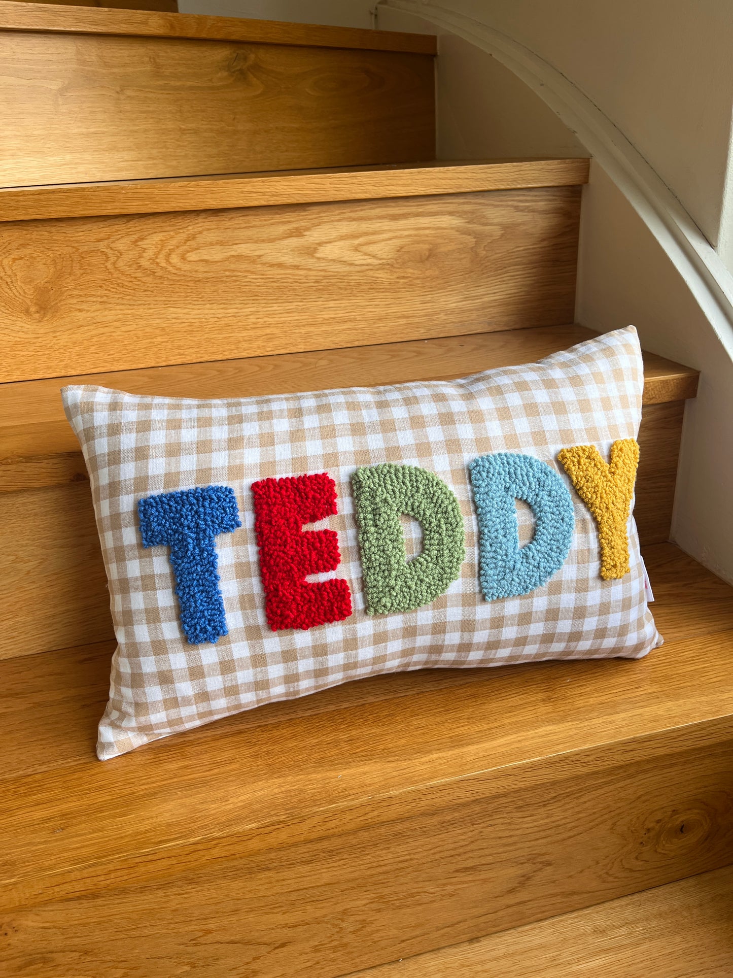 Teddy Gingham Cushion with Block Letters