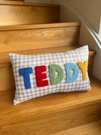 Teddy Gingham Cushion with Block Letters