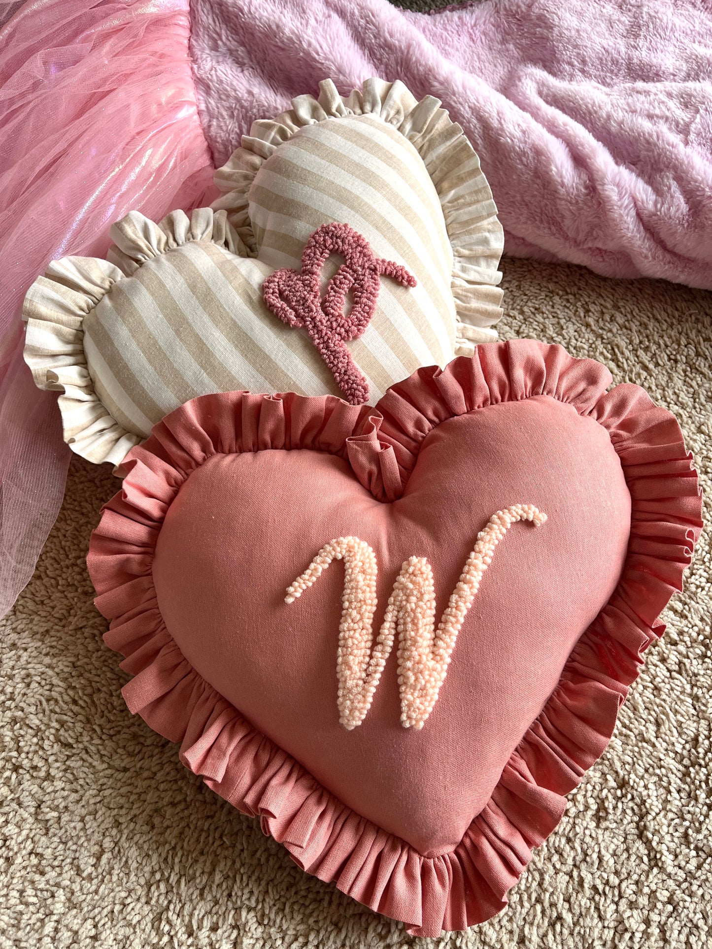 Dusty Pink Heart-shaped Initial Cushion | Personalised Ruffled Pillow