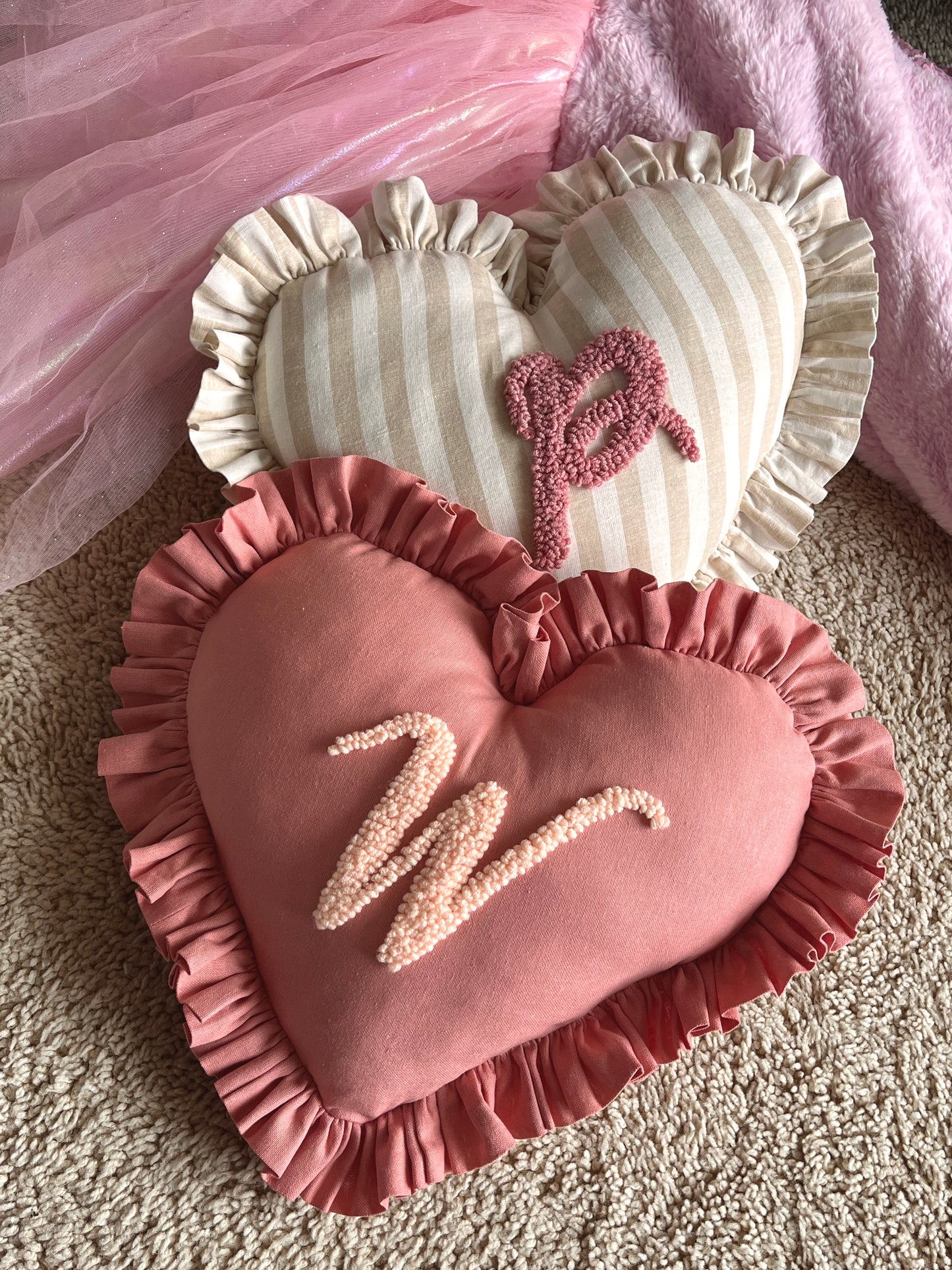 Dusty Pink Heart-shaped Initial Cushion | Personalised Ruffled Pillow
