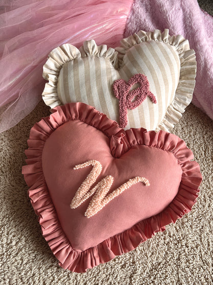 Dusty Pink Heart-shaped Initial Cushion | Personalised Ruffled Pillow