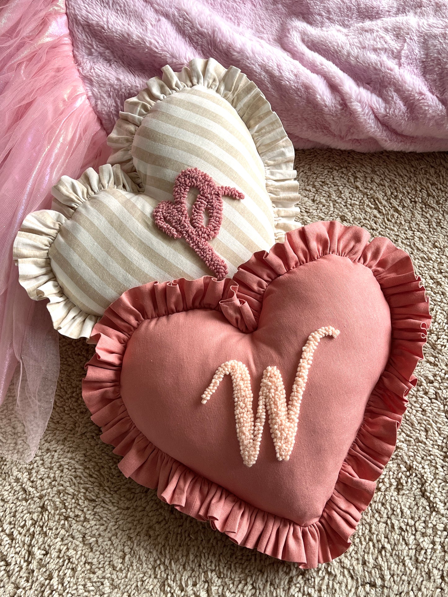 Dusty Pink Heart-shaped Initial Cushion | Personalised Ruffled Pillow