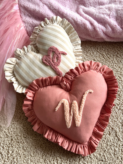 Dusty Pink Heart-shaped Initial Cushion | Personalised Ruffled Pillow