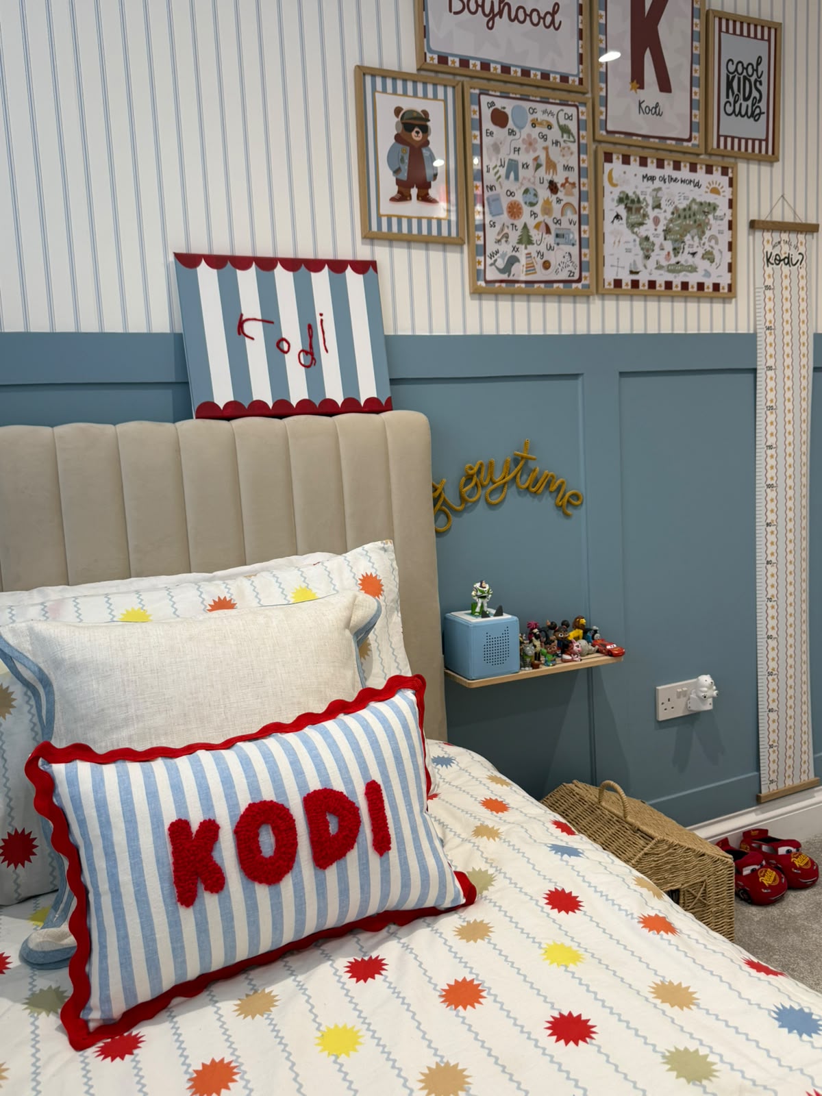 Wavy Cushion- Blue Stripes With Red Trim