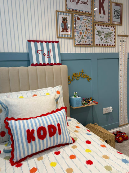 Wavy Cushion- Blue Stripes With Red Trim