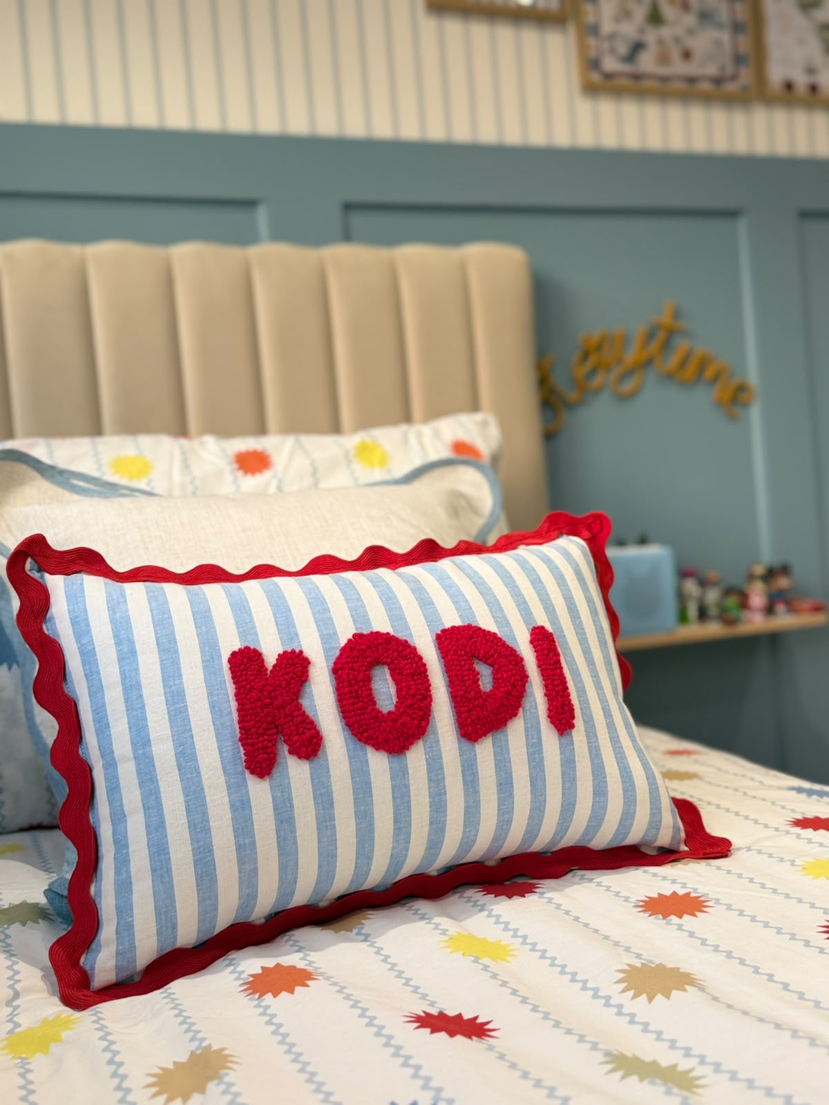 Wavy Cushion- Blue Stripes With Red Trim
