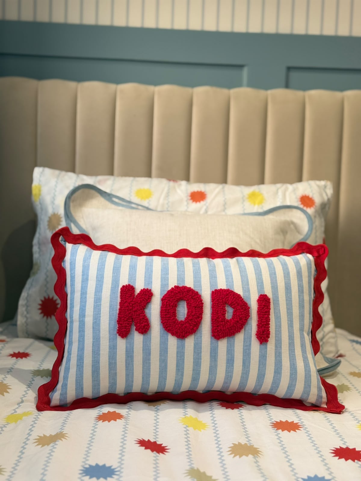 Wavy Cushion- Blue Stripes With Red Trim
