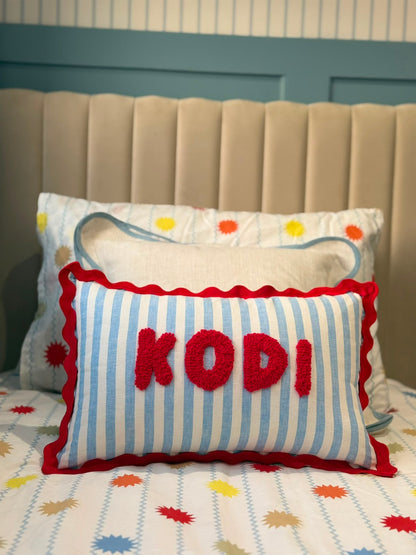 Wavy Cushion- Blue Stripes With Red Trim