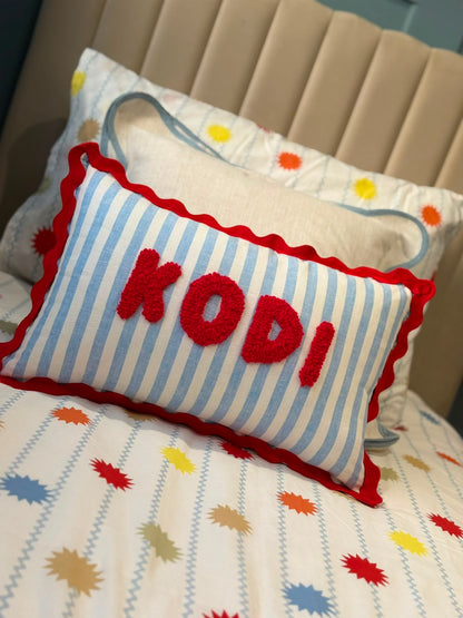 Wavy Cushion- Blue Stripes With Red Trim