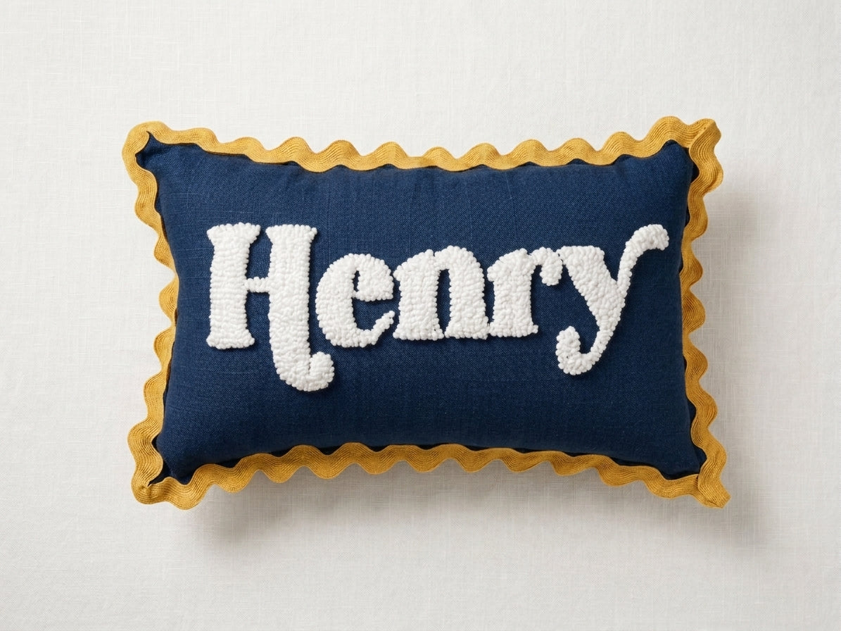 Wavy Cushion- Denim With Mustard Trim