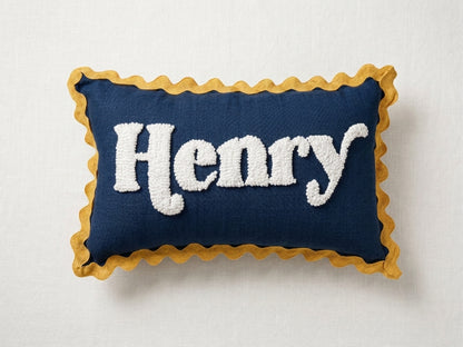 Wavy Cushion- Denim With Mustard Trim