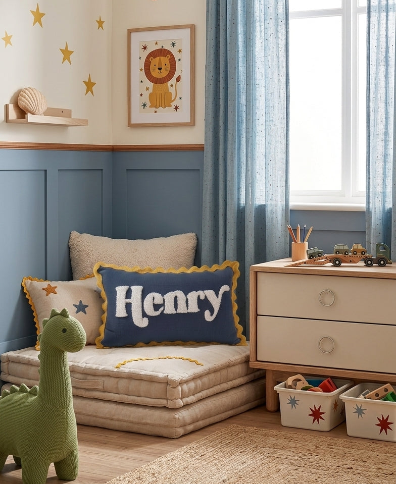 Wavy Cushion- Denim With Mustard Trim