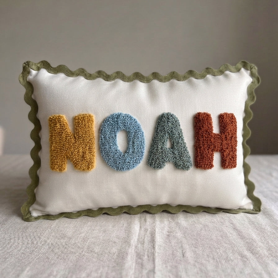 Wavy Cushion- Natural White With Sage Trim