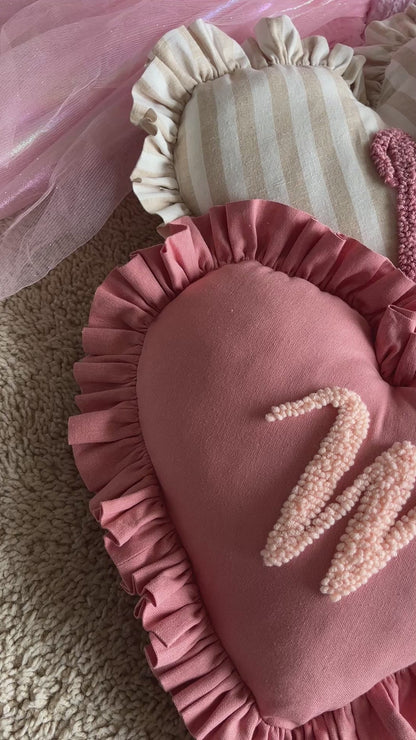 Dusty Pink Heart-shaped Initial Cushion | Personalised Ruffled Pillow